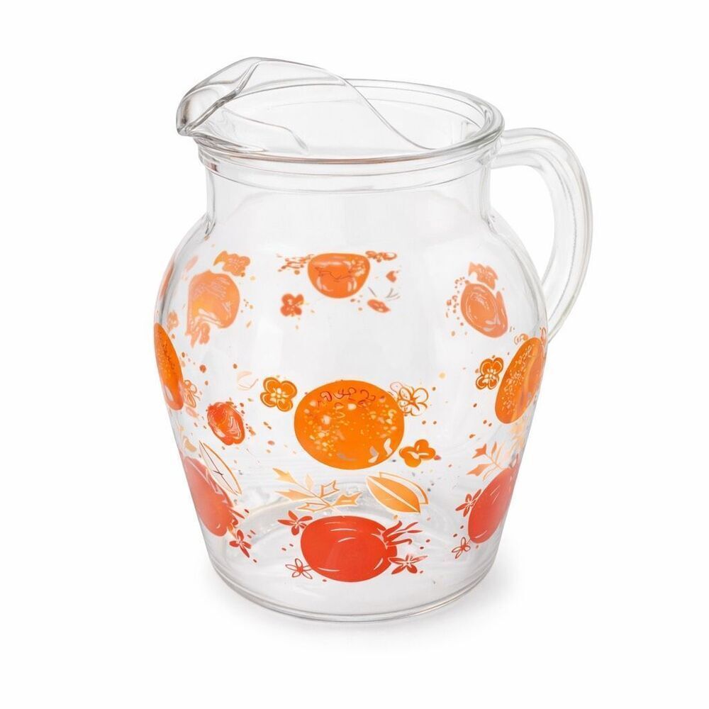 glass juice pitcher with oranges/tomatoes design Mid Century Vintage READ